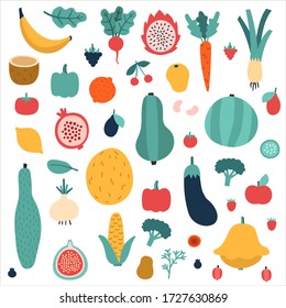 illustration set of difference species of vegetables and fruits. Flat cartoon of variation plant base food. Vegetarian ingredients fresh from farm and ready to eat.