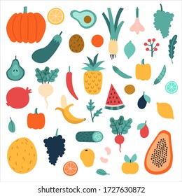 conjunto de ilustraciones de diferentes especies de verduras y frutas. Dibujo plano de la variación de los alimentos de base de plantas. Ingredientes vegetarianos frescos de la granja y listos para comer.