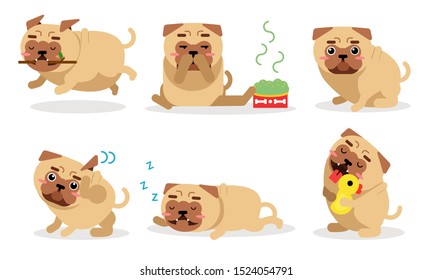 Illustration Set Of Different Actions Of A Puppy Pug Isolated On White Background