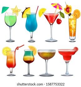 Illustration of a set of different bar glasses with wine and different cocktails decorated with fruit tubes and umbrellas.