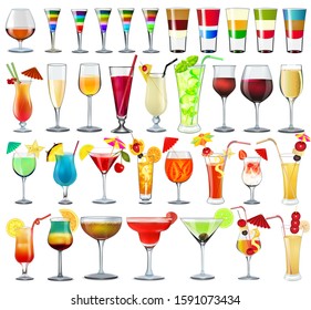 Illustration of a set of different bar glasses with wine and different cocktails decorated with fruit tubes and umbrellas.