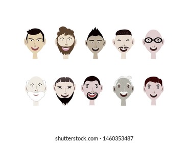 Illustration Set of Different Cartoon Avatars of Men Faces Isolated on A White Background.