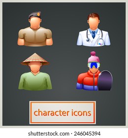 illustration of set of different characters such as asiat, military, doctor, snowboader