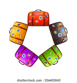 illustration of set of different color old suitcases on white background