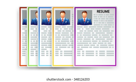 Illustration of set of different color resumes with transparent shadows