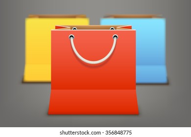 illustration of set of different color shopping bags with reflection