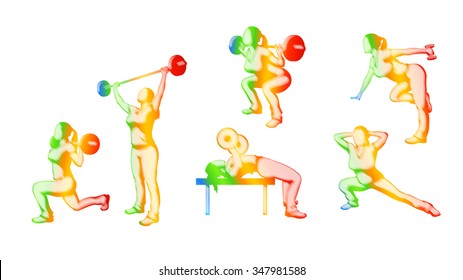 illustration of set of different color woman silhouette working out