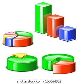 illustration of set of different colored diagrams with shadows which divided into pieces and bar diagrams.there are green, yellow, blue and red color
