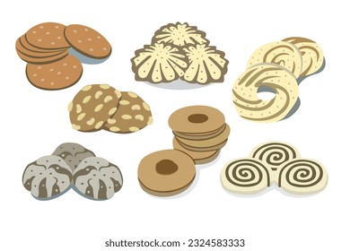 Illustration of a set of different cookies on a white background.