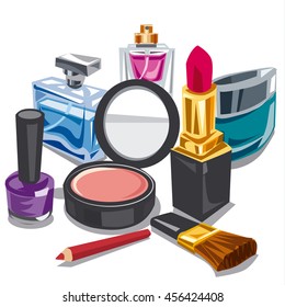 illustration of set of different cosmetics, makeup and perfumes