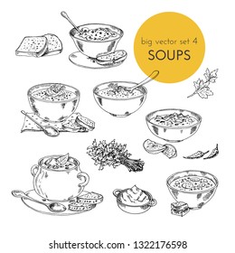 illustration with set of different cuisines soups. Vector illustration hand drawn, graphic