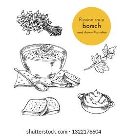 illustration with set of different cuisines soups. Vector illustration hand drawn, graphic