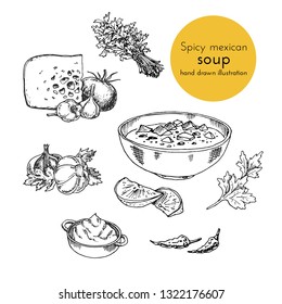 ilustración con un conjunto de diferentes sopas culinarias. Ilustración de vectores dibujada a mano, gráfico