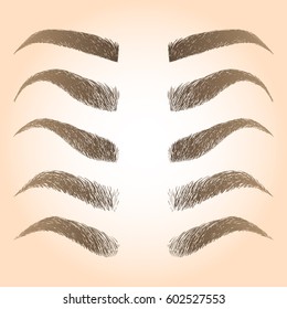 Illustration with set of different eyebrows. Makeup Look. Tattoo design elements.