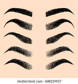 Illustration with set of different eyebrows. Makeup Look. Tattoo design elements.