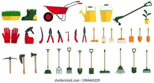 Illustration of a set of different gardening tools, plants, wheelbarrow, trimmer, boots and gloves