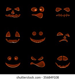 Illustration of set of different Halloween pumpkings on one screen with reflection