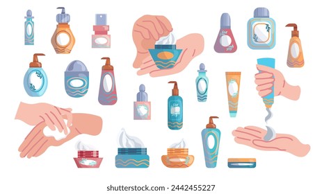 illustration of set of different hand creams and a hand applying lotion to the other hand, squeezing the cream out of the tube, and holding the jar, skin care, wearing sunscreen, moisturizing the skin