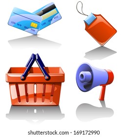 illustration of set of different items which use in selling goods. there aresupermarket basket, credit cards, loudspeaker and label