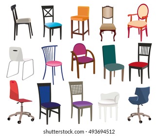 Illustration set of different modern chairs for home and office. Flat style vector illustration.