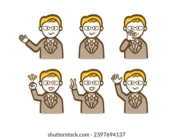 Illustration set of different poses of middle-senior generation businessmen
