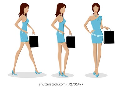 illustration of set of different poses of urban lady on isolated background