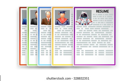 illustration of set of different resumes with shadows on white background