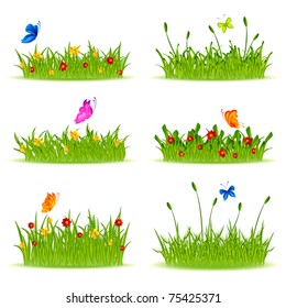 illustration of set of different shape grass with flowers and butterfly