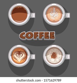 Illustration of set of different sorts of coffee in white cups