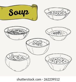 illustration and set different soups cuisines  Vector illustration drawn by hand  graphics