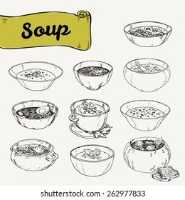 illustration and set different soups cuisines  Vector illustration drawn by hand  graphics