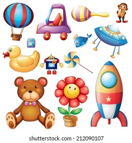 Illustration of the set of different toys on a white background