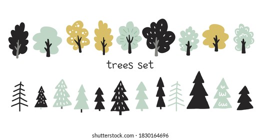 illustration set of different trees cute spruce, vector drawing