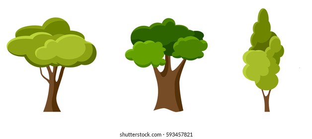 Illustration of a set of different trees. Green trees flat pictograms collection with various foliage and crown shapes abstract isolated illustration. Three types of tree illustration.