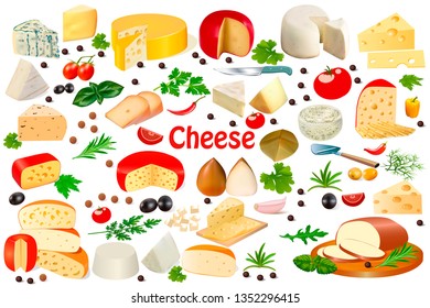 illustration set of different types of cheese on a white background