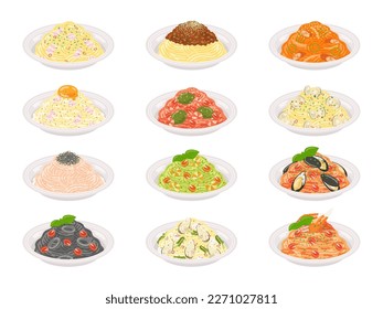 Illustration set of different types of pasta.