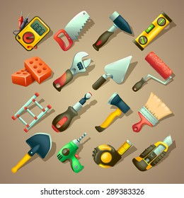 illustration of set of a lot different types of tool icons on brown background
