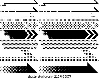 Illustration set of digital style right pointing arrows in two widths