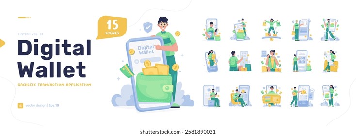 Illustration set of digital wallet application, Business financial technology concept, Cartoon character about cashless payment transaction, Digital money mobile app, Vector design