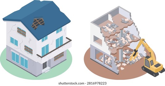 Illustration set of a dilapidated house and demolition work