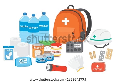 Illustration Set of Disaster prevention backpack and goods.