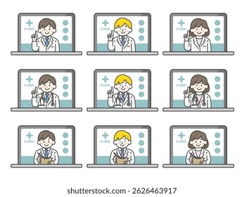 Illustration set of a doctor (color line drawing) who provides online medical treatment on a computer.
