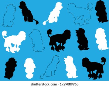 illustration with set of dogs isolated on blue background