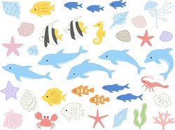 Illustration Set Of Dolphins, Tropical Fish And Various Sea Creatures