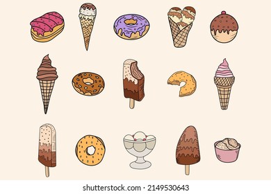 illustration of a set of donuts and ice cream.