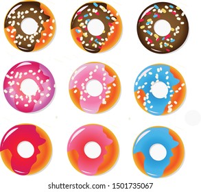 Illustration of Set of donuts, siz donuts strawberru, blue and chocolate donuts vector in the box for menu or cafe like cartoon