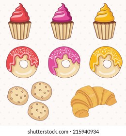 Illustration set of donuts,cakes,croissant.Vector.