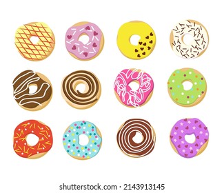 Ilustración con un conjunto de donuts.Vector aislado en fondo blanco. Para uso en postales, folletos y cubiertas, impresiones, vacaciones, confitería, tejidos y embalajes, volantes y etiquetas.