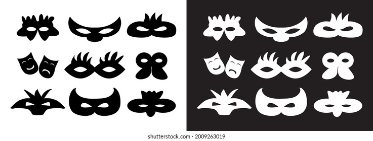 Illustration set doodle icons of Carnival or theatre masks in black and white color. Vector doodle design clip arts collection