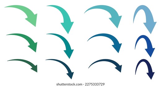 Illustration set of downward pointing curved arrows (cold colors)